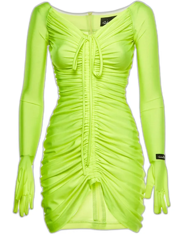 Neon Green Jersey Ruched Mini Dress
