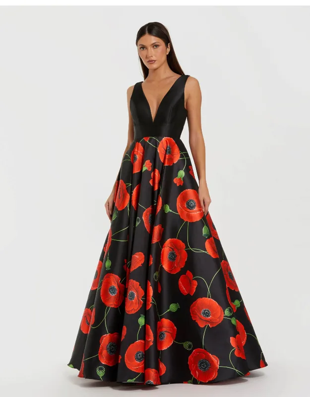 Plunge Neck Ball Wedding Guest Maxi Gown With Floral Mikado Skirt