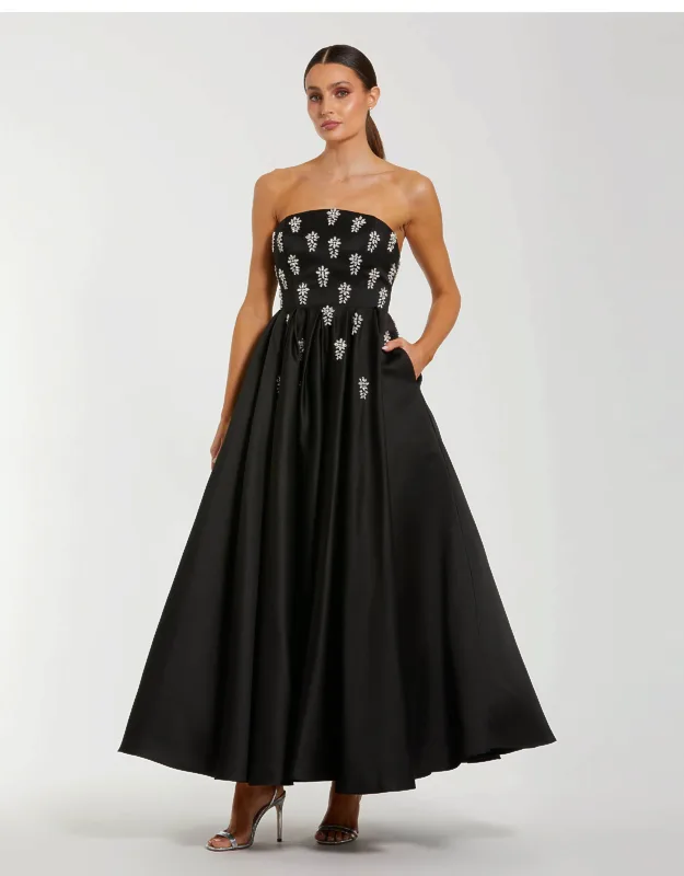 Crystal Embellished Strapless Satin A-line Wedding Guest Dress