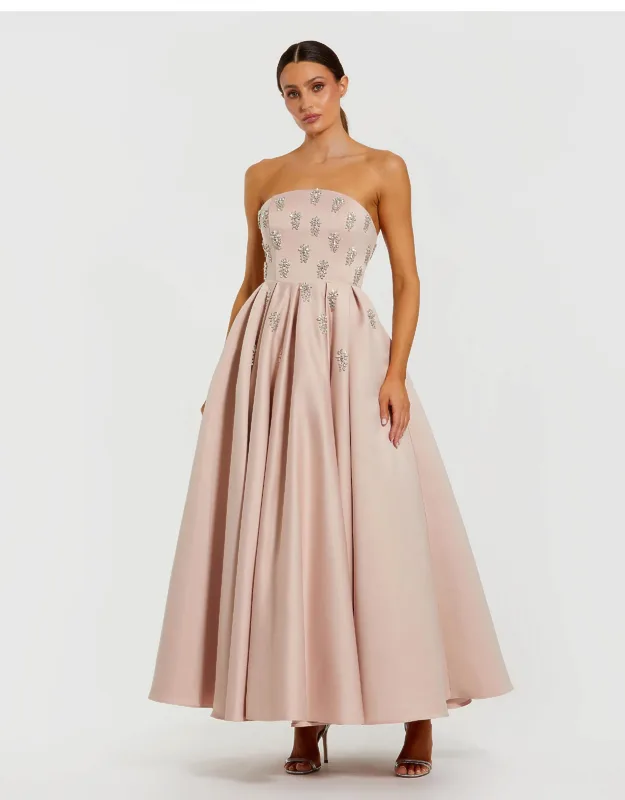 Crystal Embellished Strapless Satin A-line Wedding Guest Dress