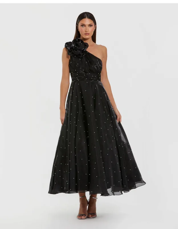 Beaded Organza One Shoulder Wedding Guest Midi Dress