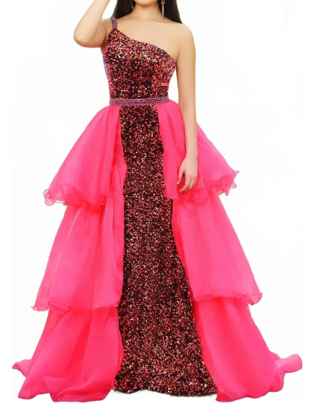 Asymmetrical Sequin Gown With Multi-tiered Overlay Skirt