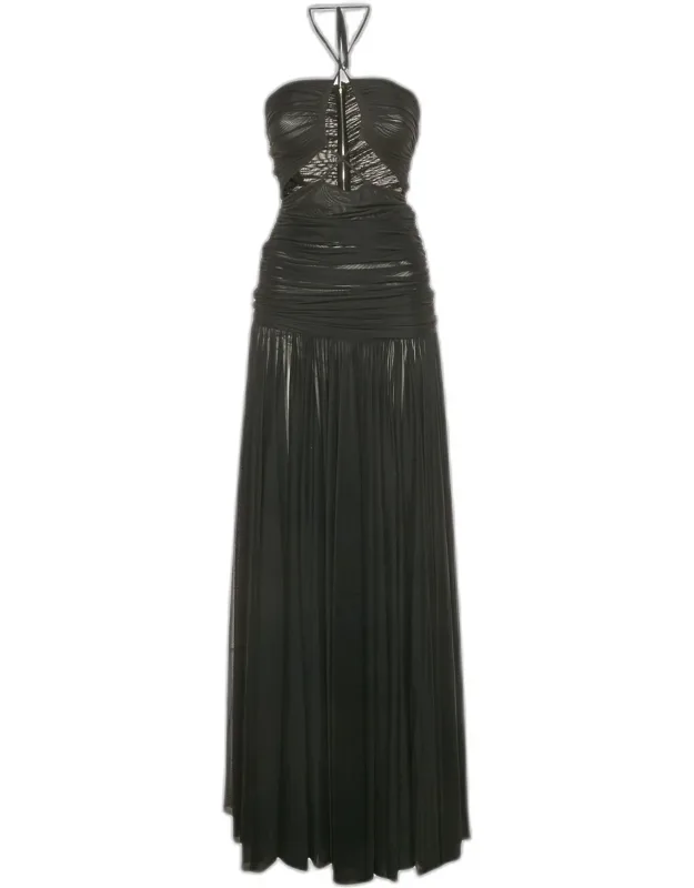 Ruched Mesh Halter Neck Maxi Dress