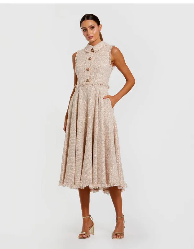 Bouclé Sleeveless Collared Button Up Midi Dress