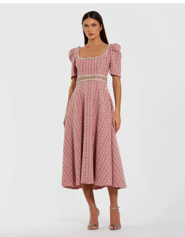 Puff Sleeve Boucle Midi Dress With Beaded Belt