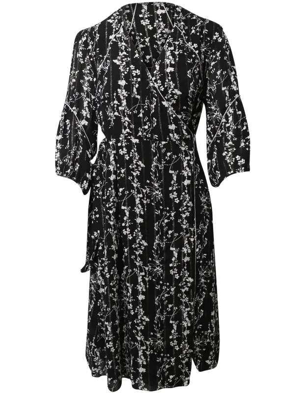 Waist Tie Silver-trimmed Floral Dress