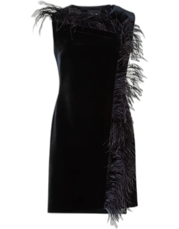 Neoprene Velvet Feather-trim Asymmetric Mini Dress