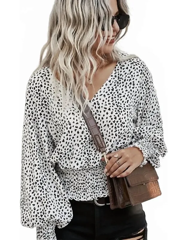 Leopard V-neck Smocked Long Sleeve Blouse