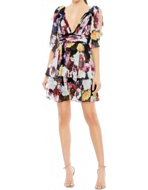 Floral Bow Strap V-neck Mini Dress