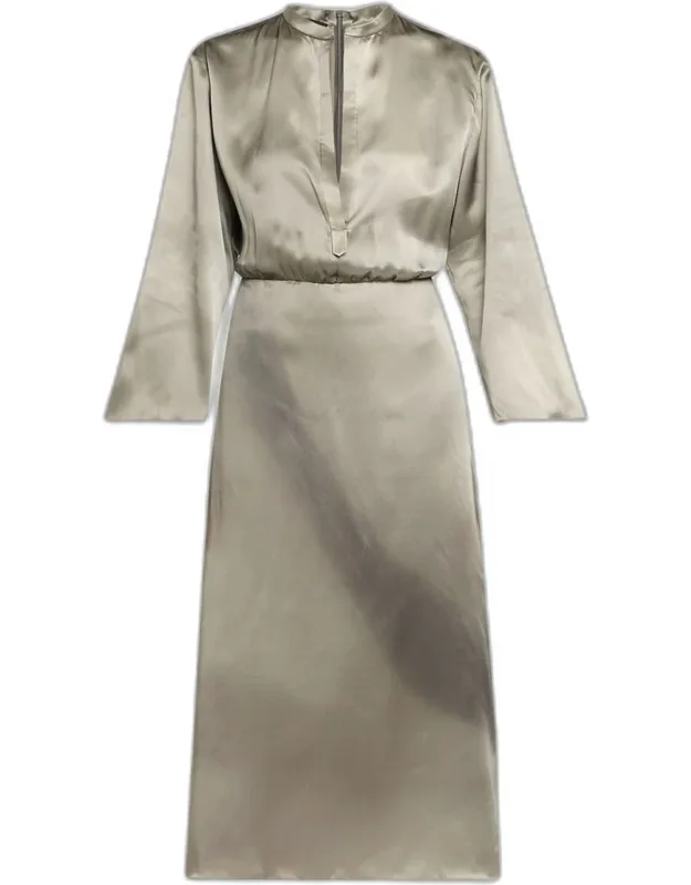 Ombre Print Silk Long-sleeve Midi Dress