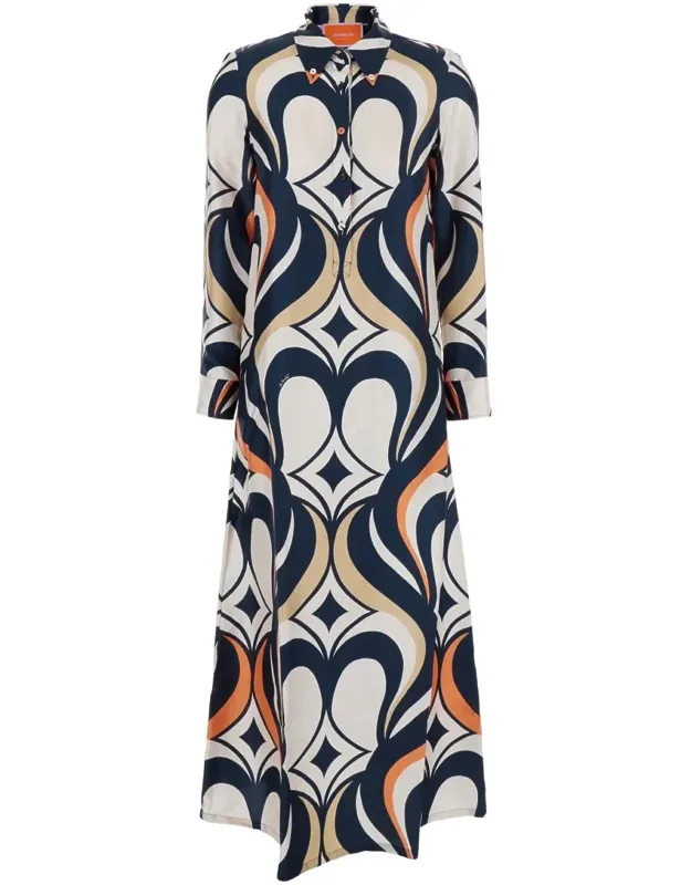 Multicolor Long Dress With All-over Geometric Motif