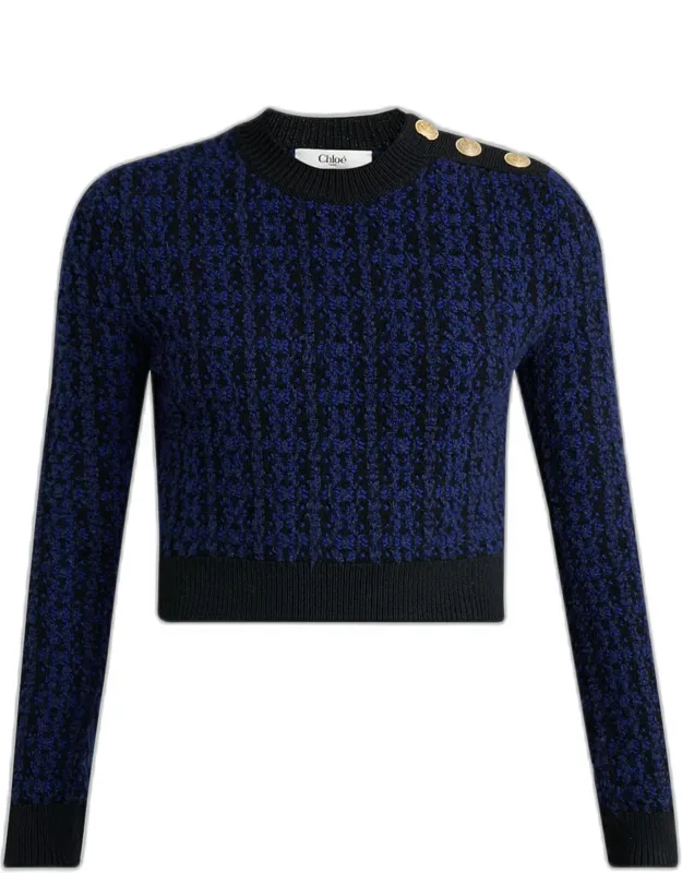 Button-shoulder Boucle Knit Crop Sweater