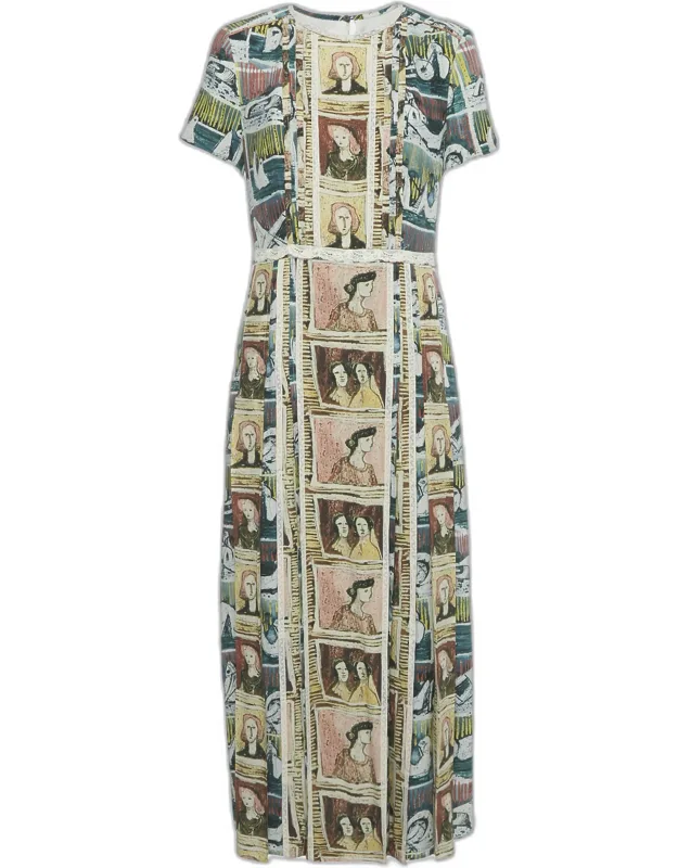 Framed Heads Print Silk Lace Trim Maxi Dress