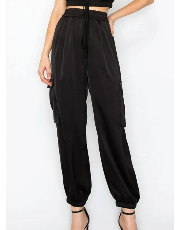 Satin Elastic Waist Cargo Pants