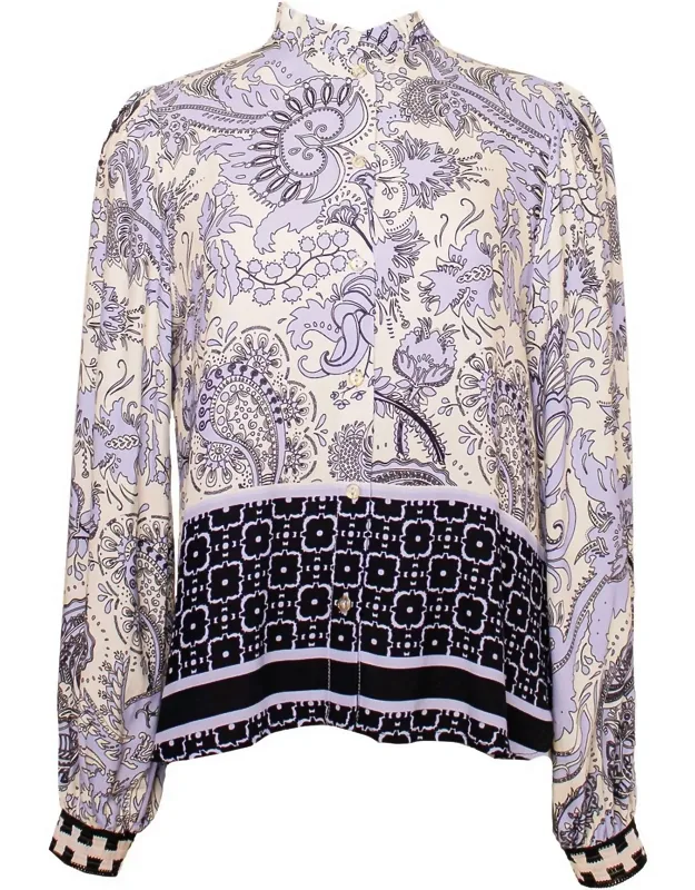 Floral Border Print Button Down Blouse