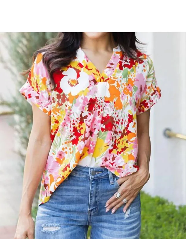 Boho Floral Print V Neck Short Sleeve Top