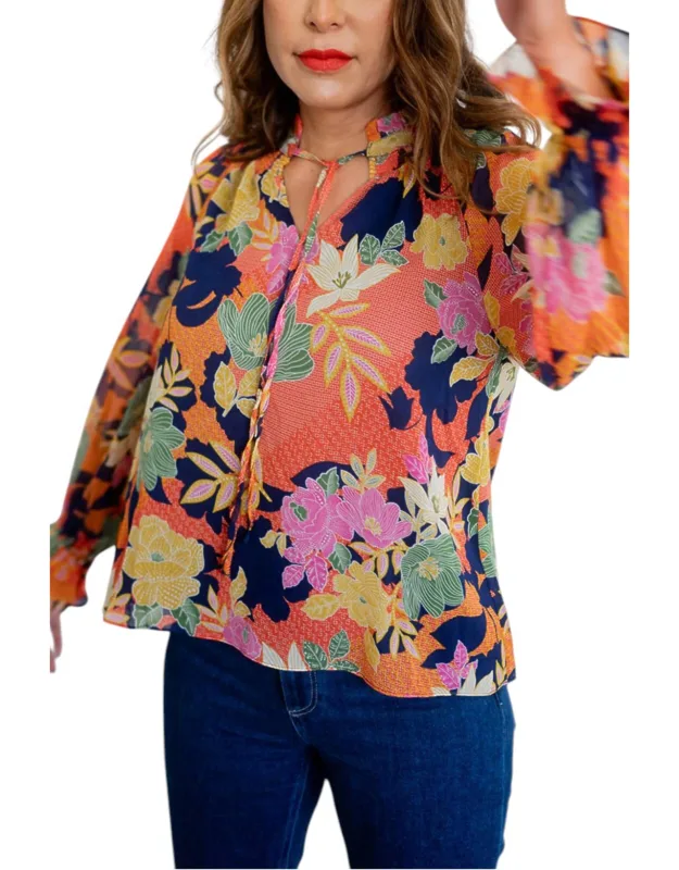 Long Sleeve Tie Neck Floral Print Top