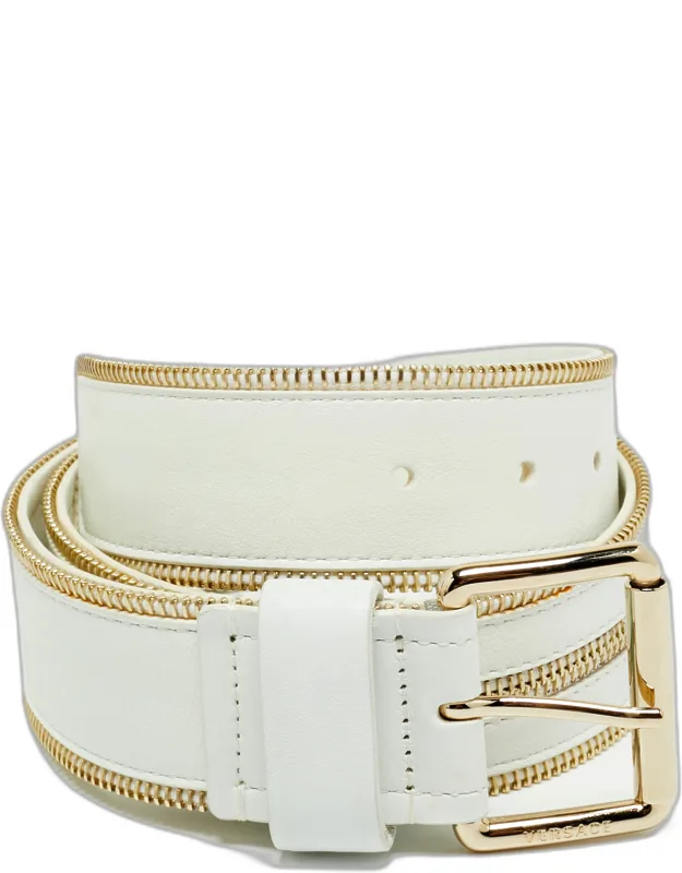 White Leather Zip Detail Buckle Belt 70 Cm