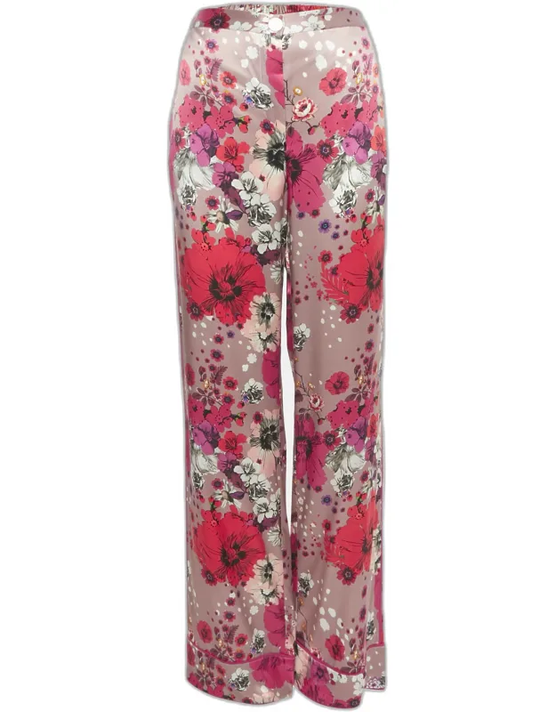 Multicolor Floral Print Silk Straight Leg Pants