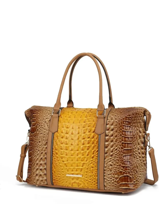 Raven Faux Crocodile-embossed Vegan Leather Weekender Handbag