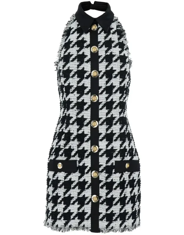 Halterneck Mini Dress With Houndstooth Motif In Tweed And Satin