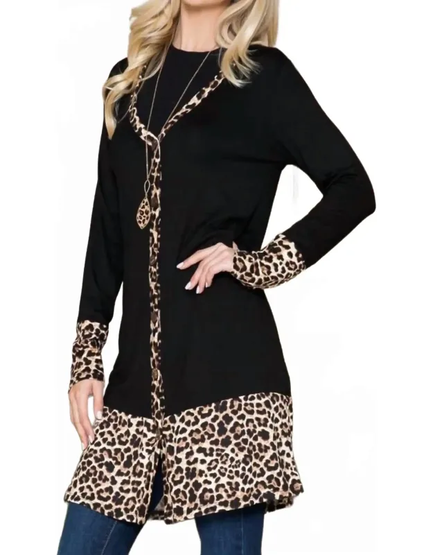 Solid Button-down Leopard Cardigan