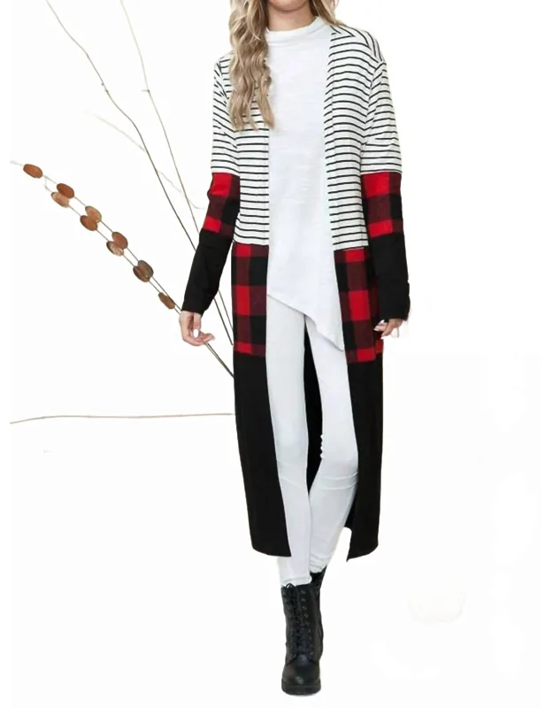Maxi Stripe And Red Plaid Cardigan