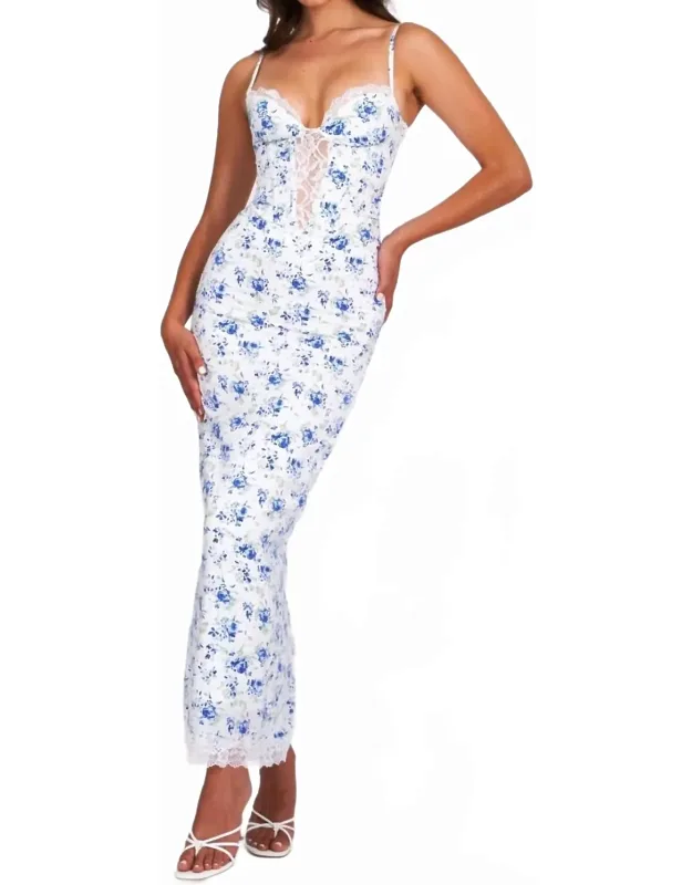 Floral Print Satin Lace Maxi Dress