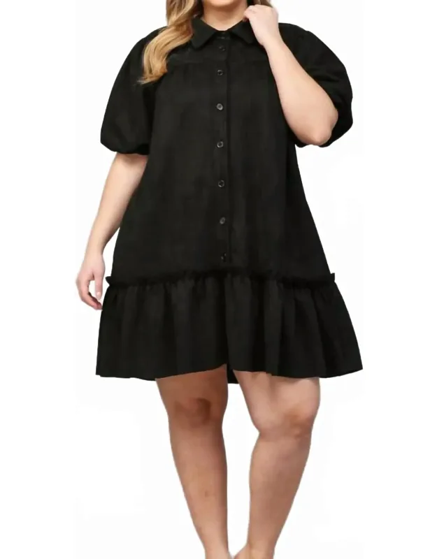 Faux Suede Button Front Short Puff Sleeve Dress