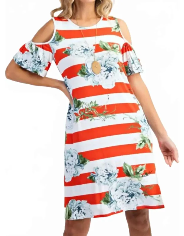 Bold Stripe Floral Cold Shoulder Dress