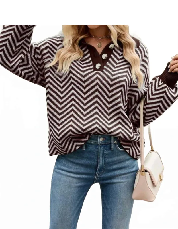 V Patterned Button V Neck Jumper
