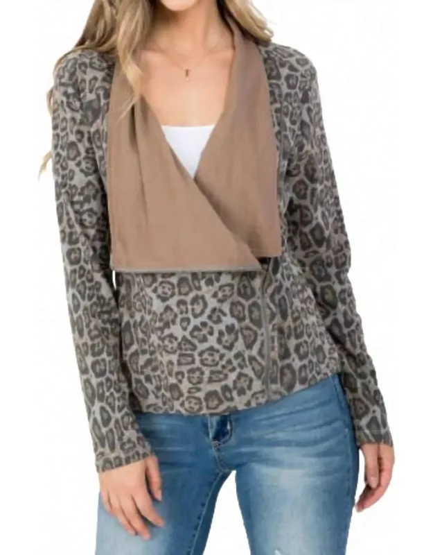 Animal Print Front Zip Surplice Closure Jacket