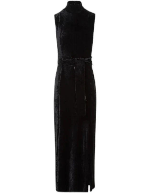 Mock-neck Belted Velvet Jersey Midi Dress