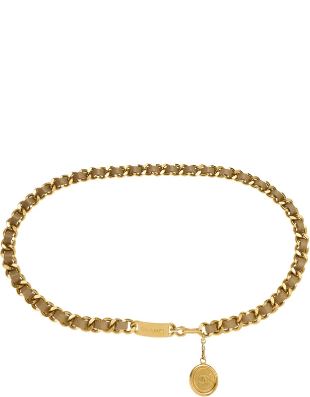 Gold & Beige Leather Chain Belt