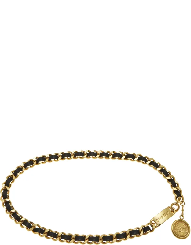 Gold & Black Leather Chain Belt