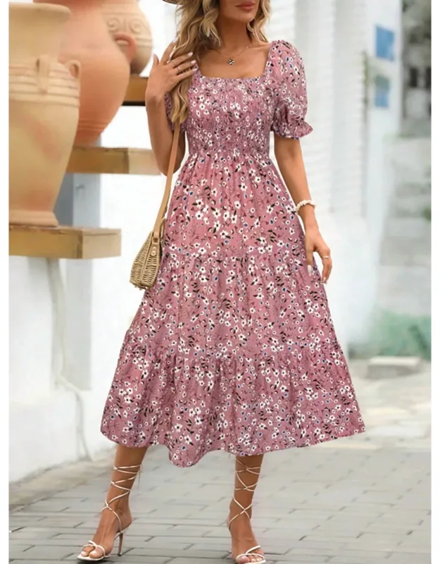 Floral Square Neck Short Sleeve Tiered Dress
