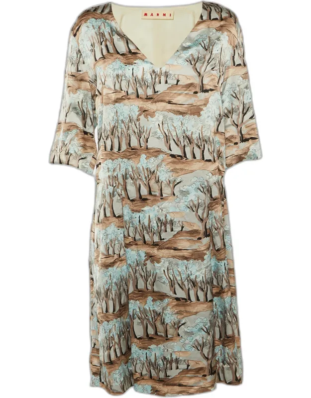 Printed Satin Pleated Shift Dress