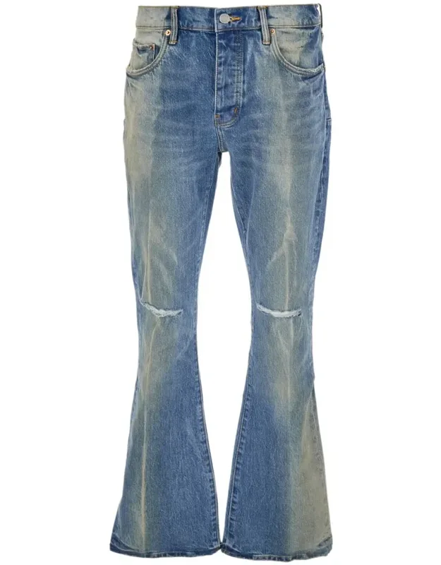 Flared Jeans With Logo Patch On The Rear And Faded Effect In Denim