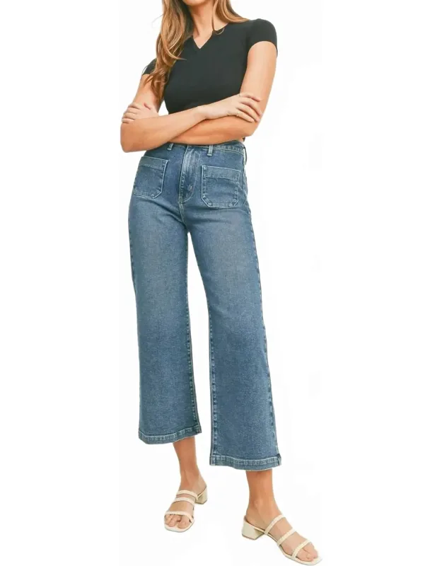 High Rise Patch Pocket Wide Leg Jeans