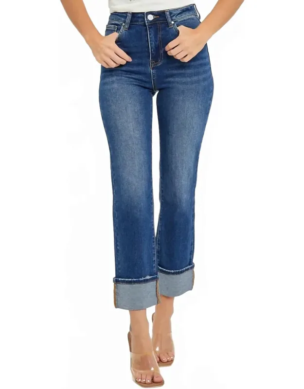 High Rise Ankle Straight Cuffed Jeans