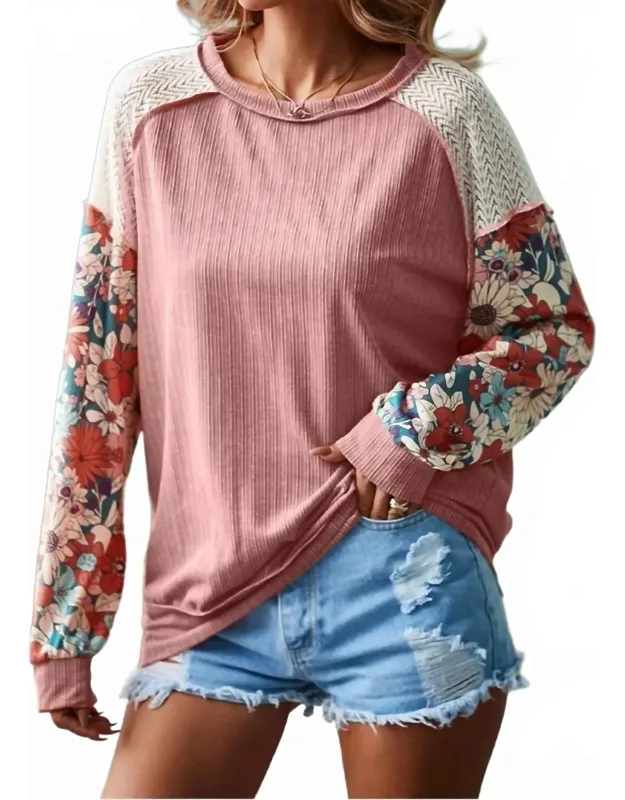 Floral Patchwork Puff Sleeve Textured Blouse