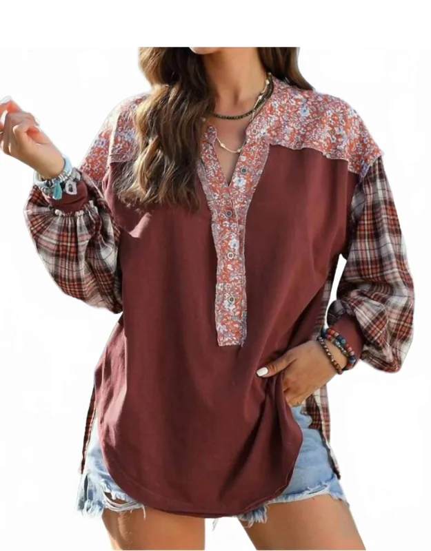 Floral Plaid Mixed Print Bishop Sleeve Patchwork Top