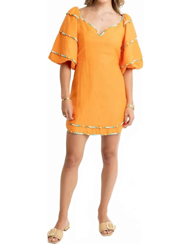 Multi Stripe Trim Sweetheart Puff Sleeve Dress