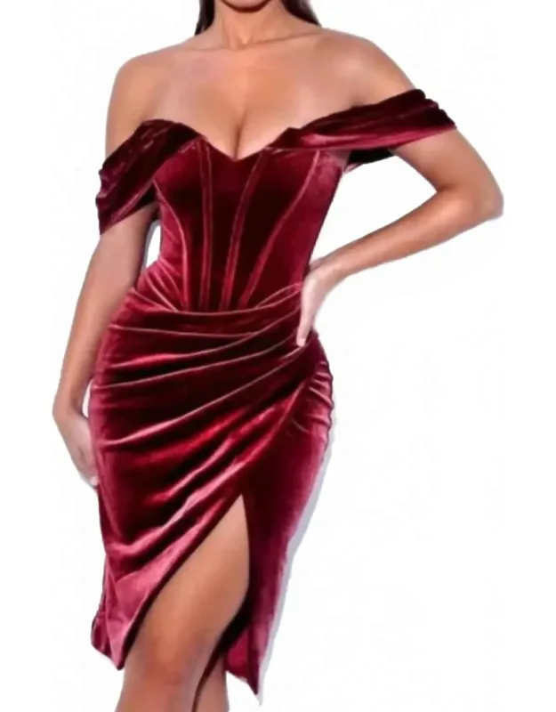 Off The Shoulder Midi Draped Velvet Corset Dress