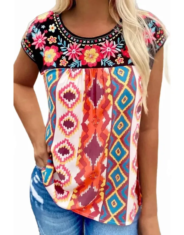 Floral Aztec Geometric Cap Sleeve Top