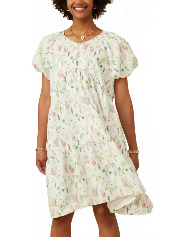 Textured Floral Button Detail Bubble Sleeve Dress