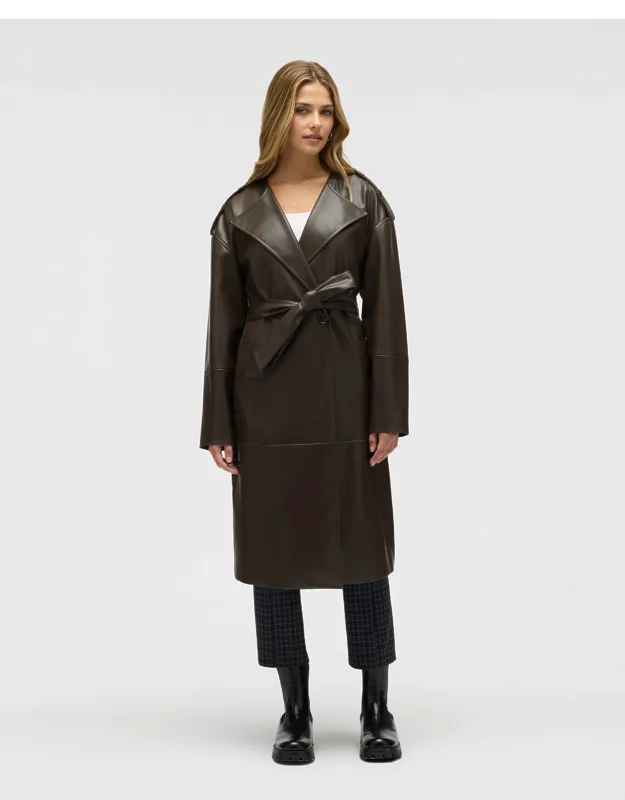 Poet Lapel Belted Faux Leather Trench Coat