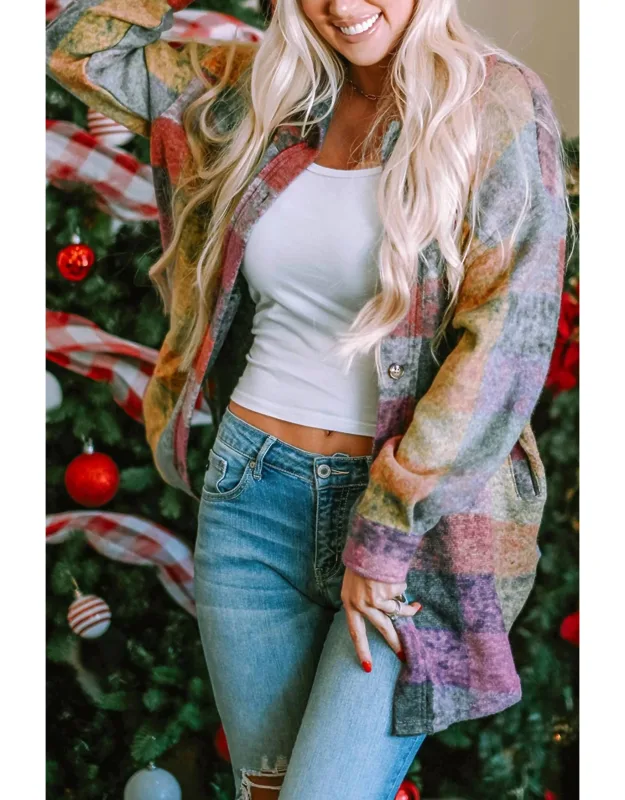Brushed Plaid Pocketed Jacket