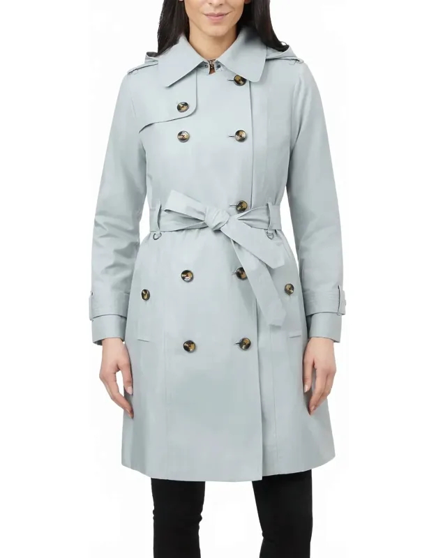 Double Breasted Hooded Trench Coat With Waist Belt