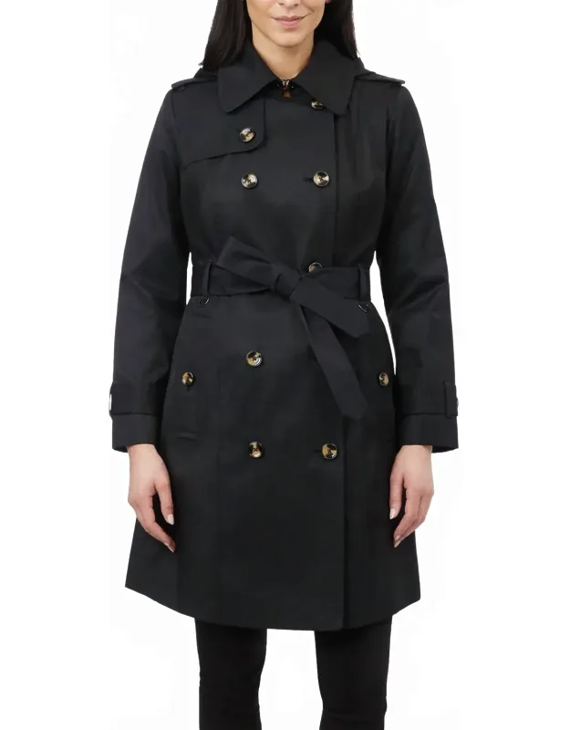 Double Breasted Hooded Trench Coat With Waist Belt